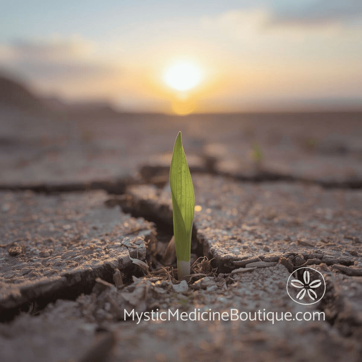 Single green shoot emerging from cracked dry earth at sunset, representing the signs that faith crisis healing has begun when new spiritual life appears in conditions that seemed impossible