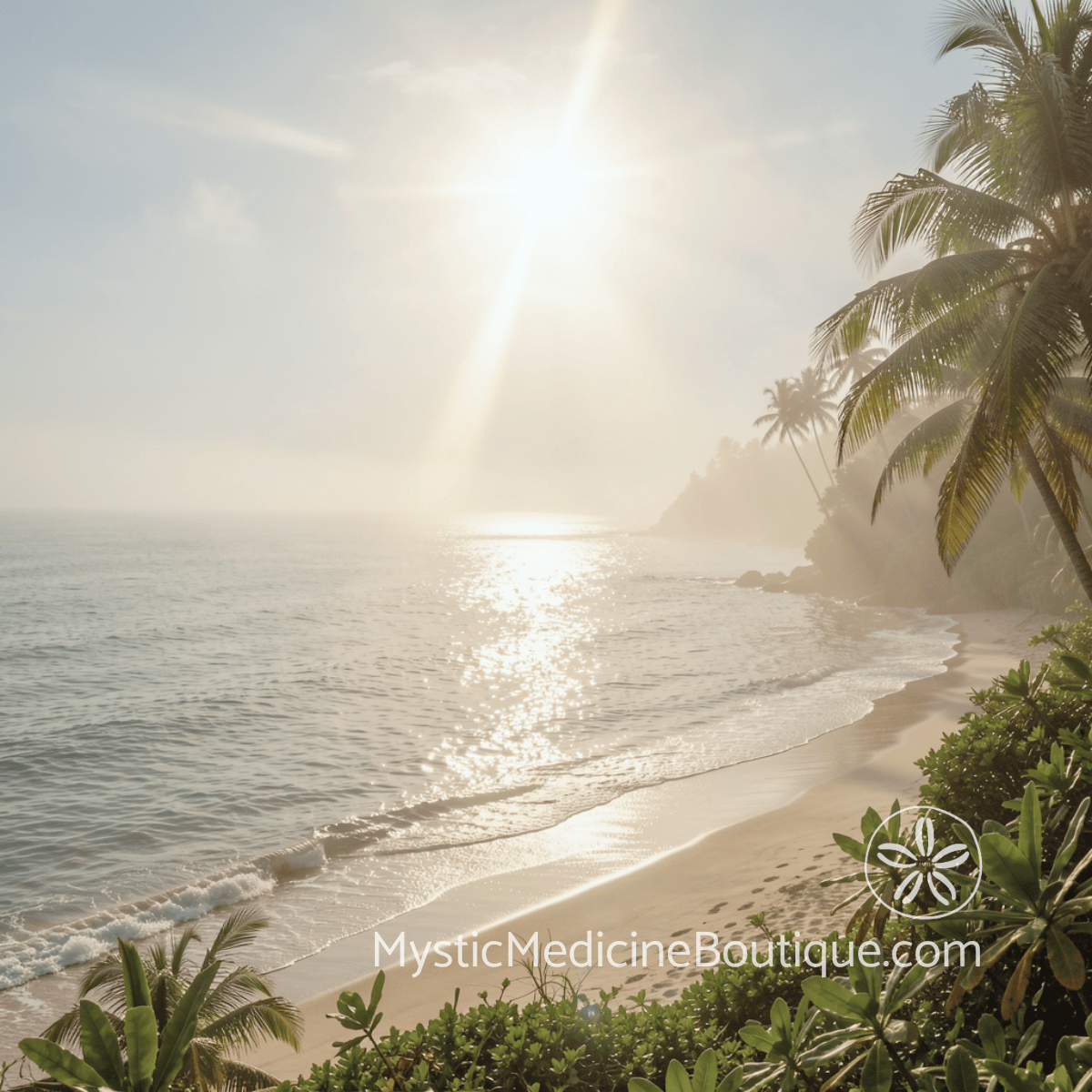 Archangel Gabriel guidance spiritual emergency — tropical beach with golden sunrise light through palm trees representing divine clarity when crisis destroys inner knowing