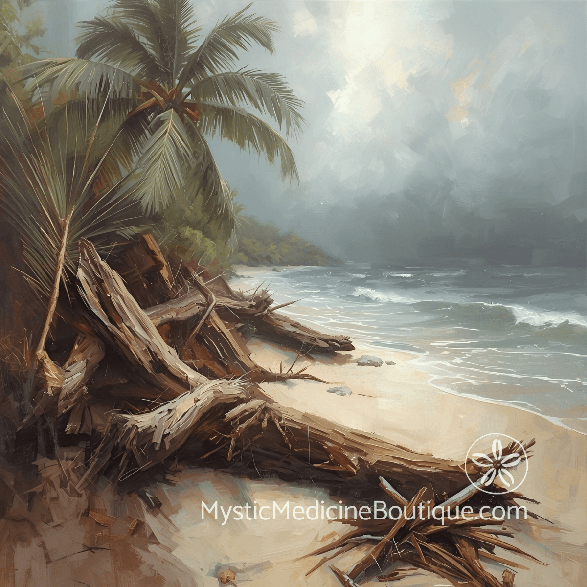 Illustrated stormy tropical beach with fallen trees representing the devastation and identity collapse of caregiver burnout spiritual emergency