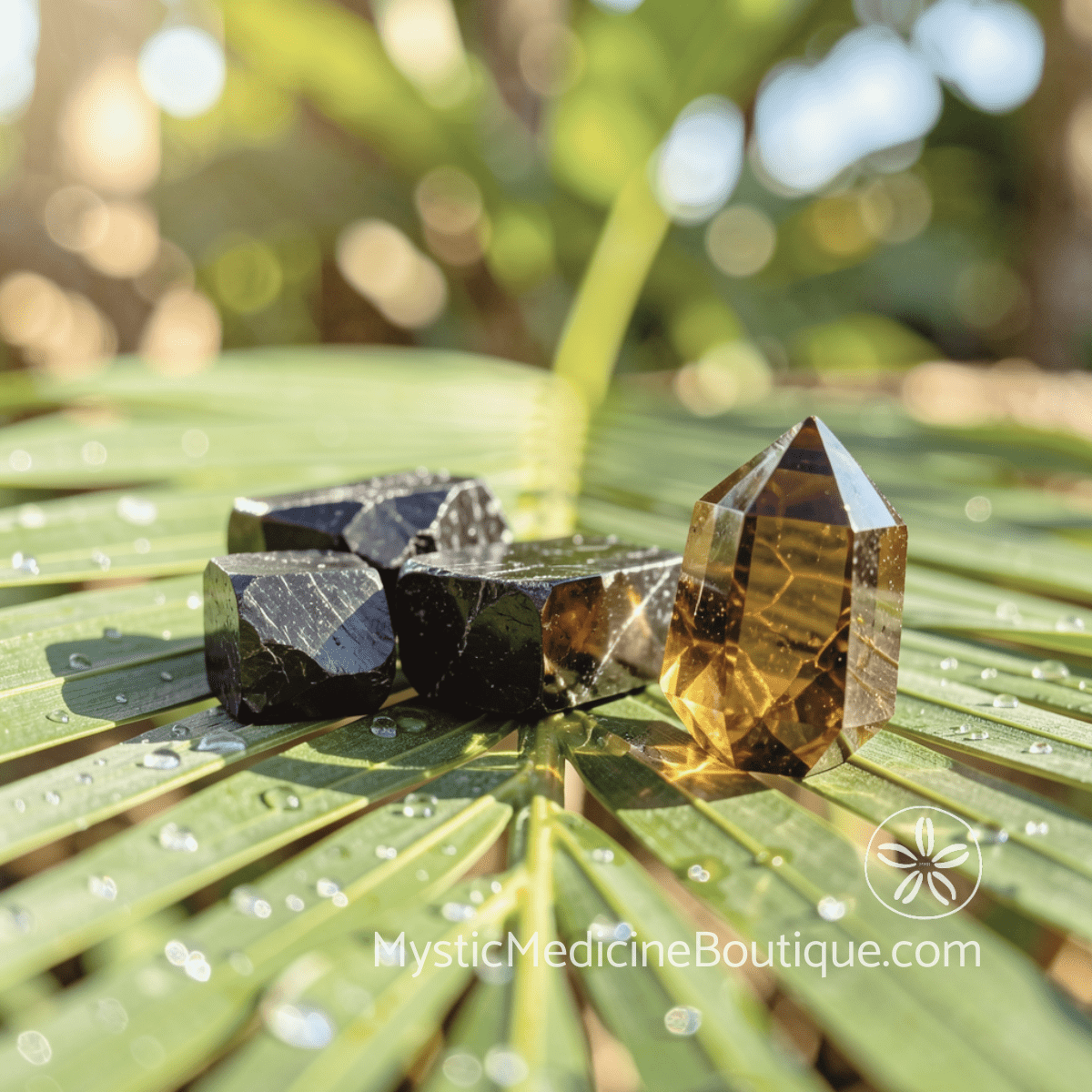 Black tourmaline and smoky quartz crystals on tropical leaf, crystal support for kundalini emergency grounding RN Reiki Master perspective