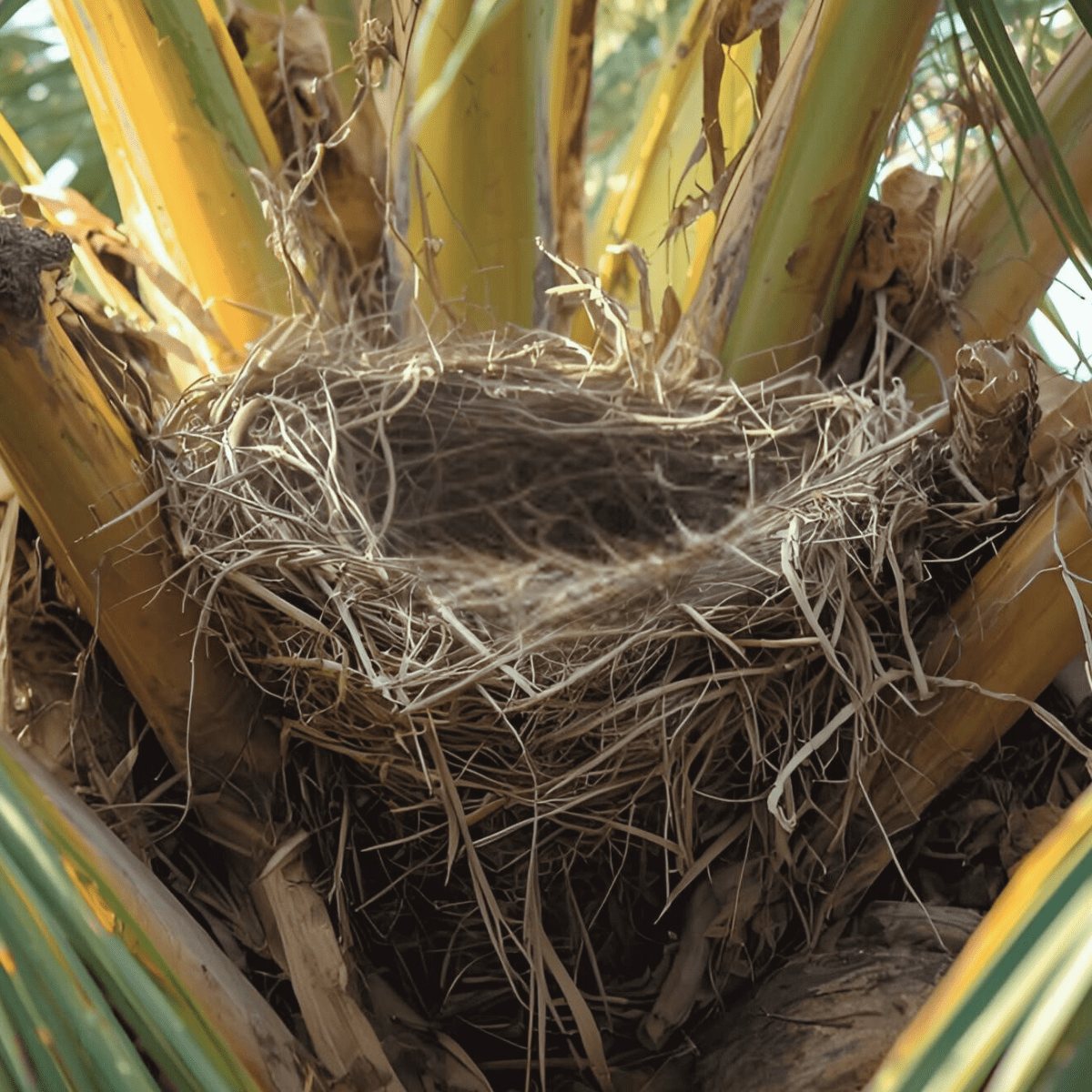 Empty bird nest in palm tree representing empty nest spiritual emergency and identity annihilation when the last child leaves