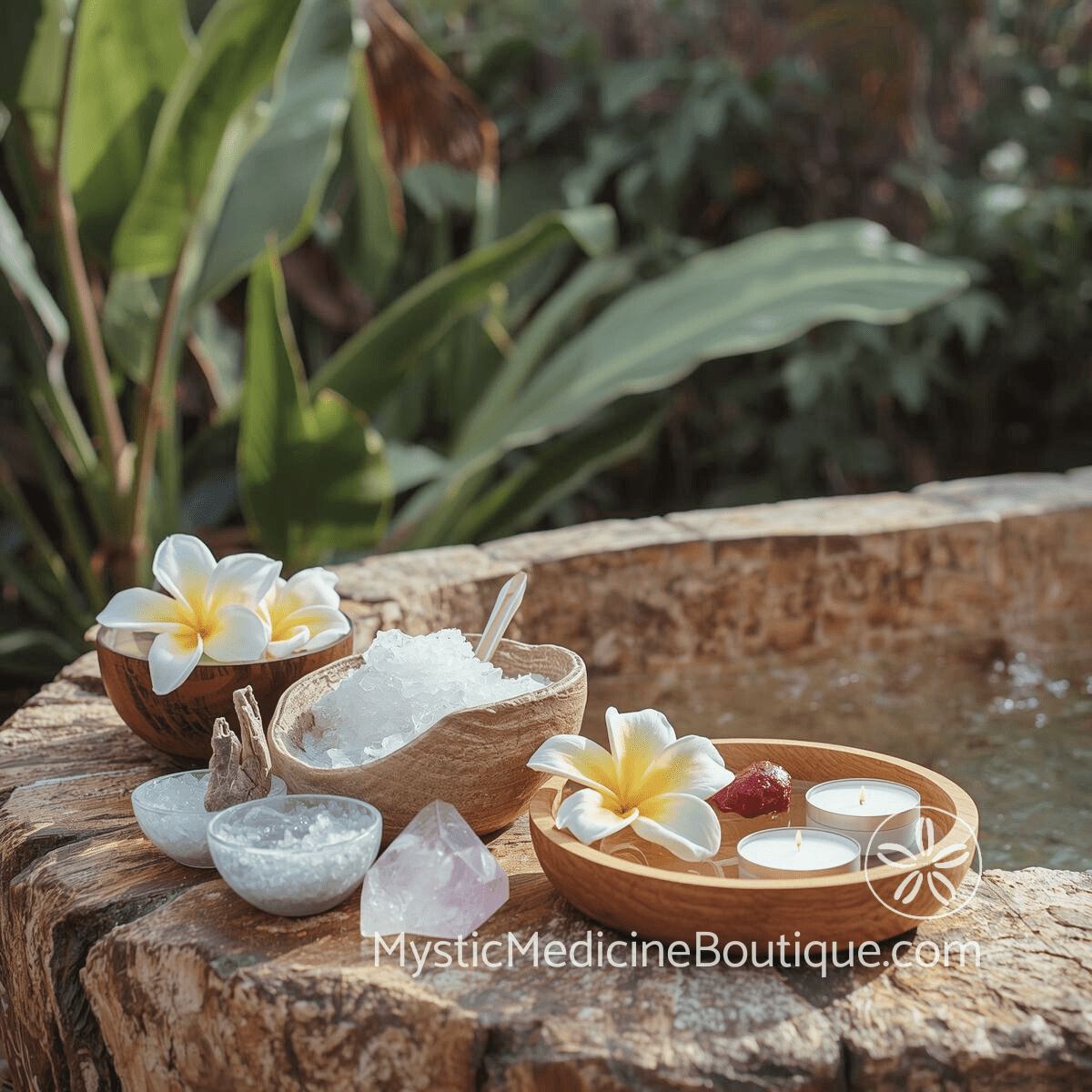 Salt bowl crystals and flowers representing energy vampire protection tools and spiritual boundary work