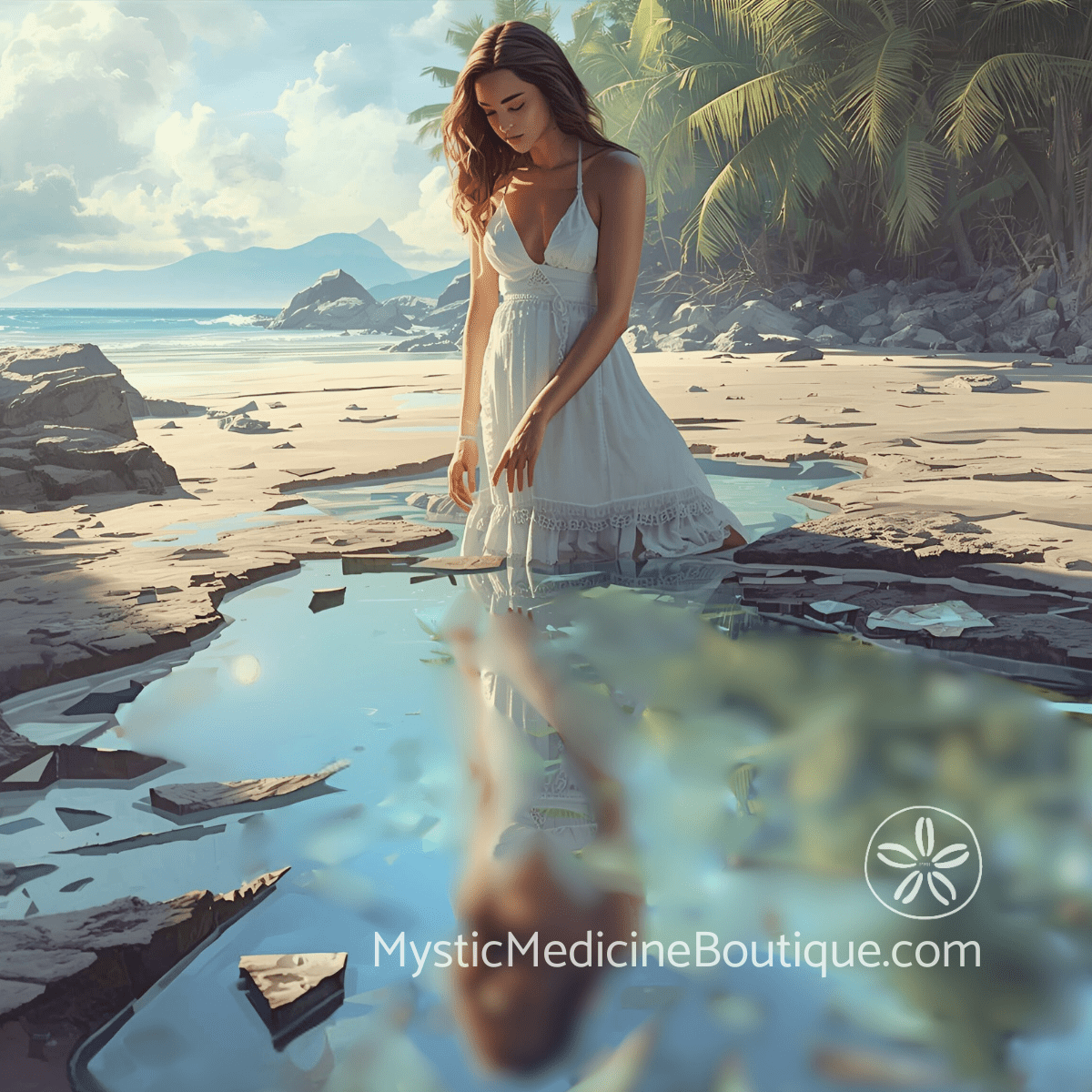 Woman in white dress on tropical beach representing manifestation backfire spiritual emergency when getting what you wanted triggers identity collapse