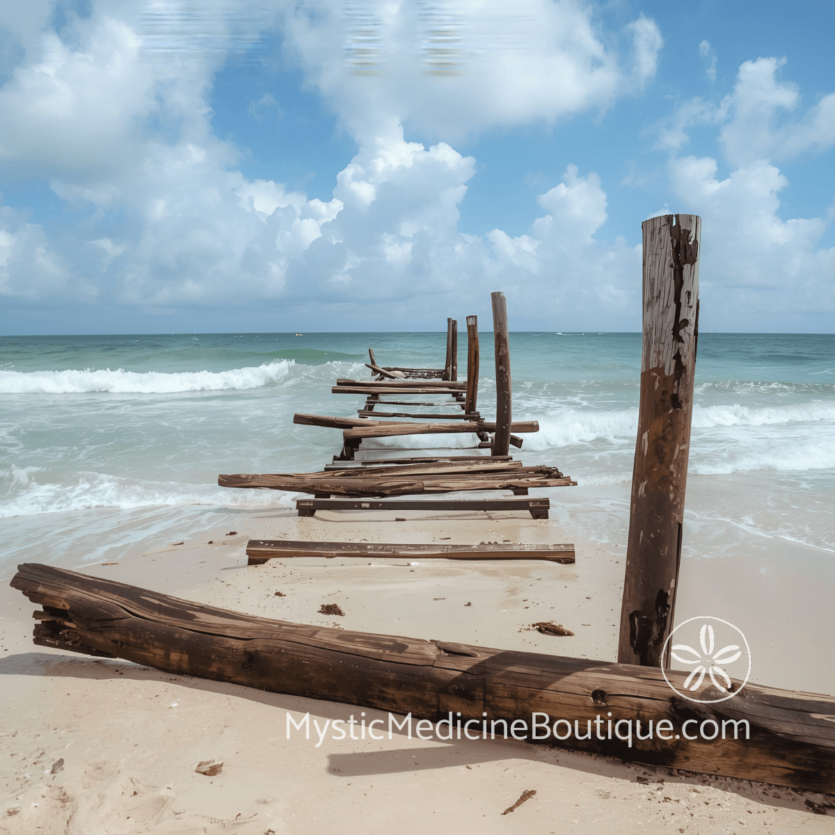 Destroyed wooden pier on tropical beach representing the shattered foundation of safety and belonging when fire flood or storm destroys your world