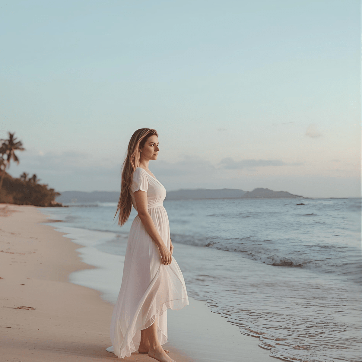 Woman in white dress on beach representing near-death experience spiritual emergency and consciousness integration after NDE