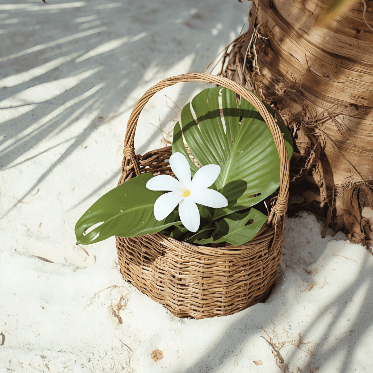 White plumeria flower in woven basket on tropical sand representing the tender grief and spiritual emergency of pregnancy loss