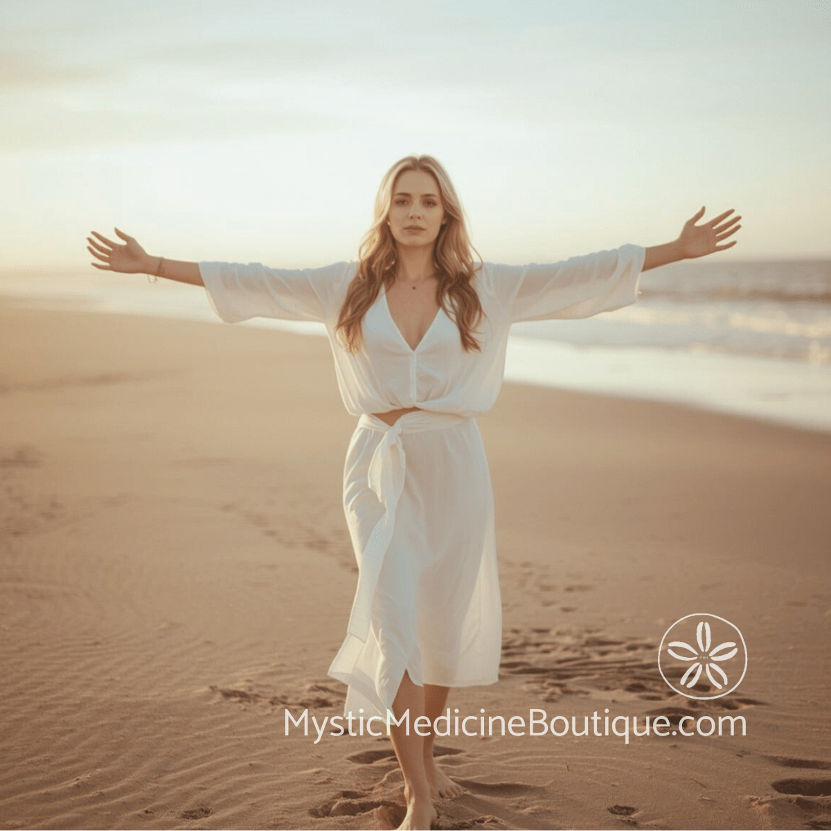 Woman in white dress on beach with arms open representing psychic protection energetic sovereignty and grounded spiritual boundary practice