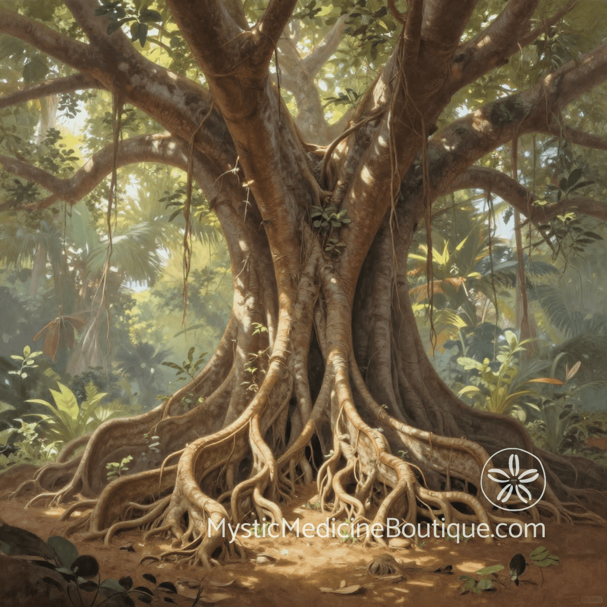 Ancient tree with massive roots in lush forest — grounding imagery for Reiki emergency support and energetic stabilization during spiritual crisis