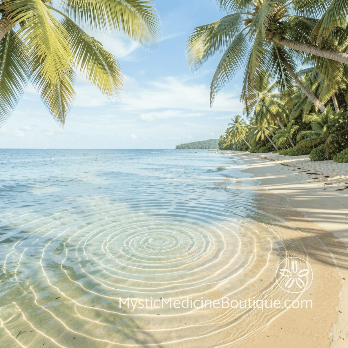 Rejection trauma loop spiritual emergency — tropical beach with rippling water circles representing the repeating abandonment patterns that create reality confusion and spiritual crisis