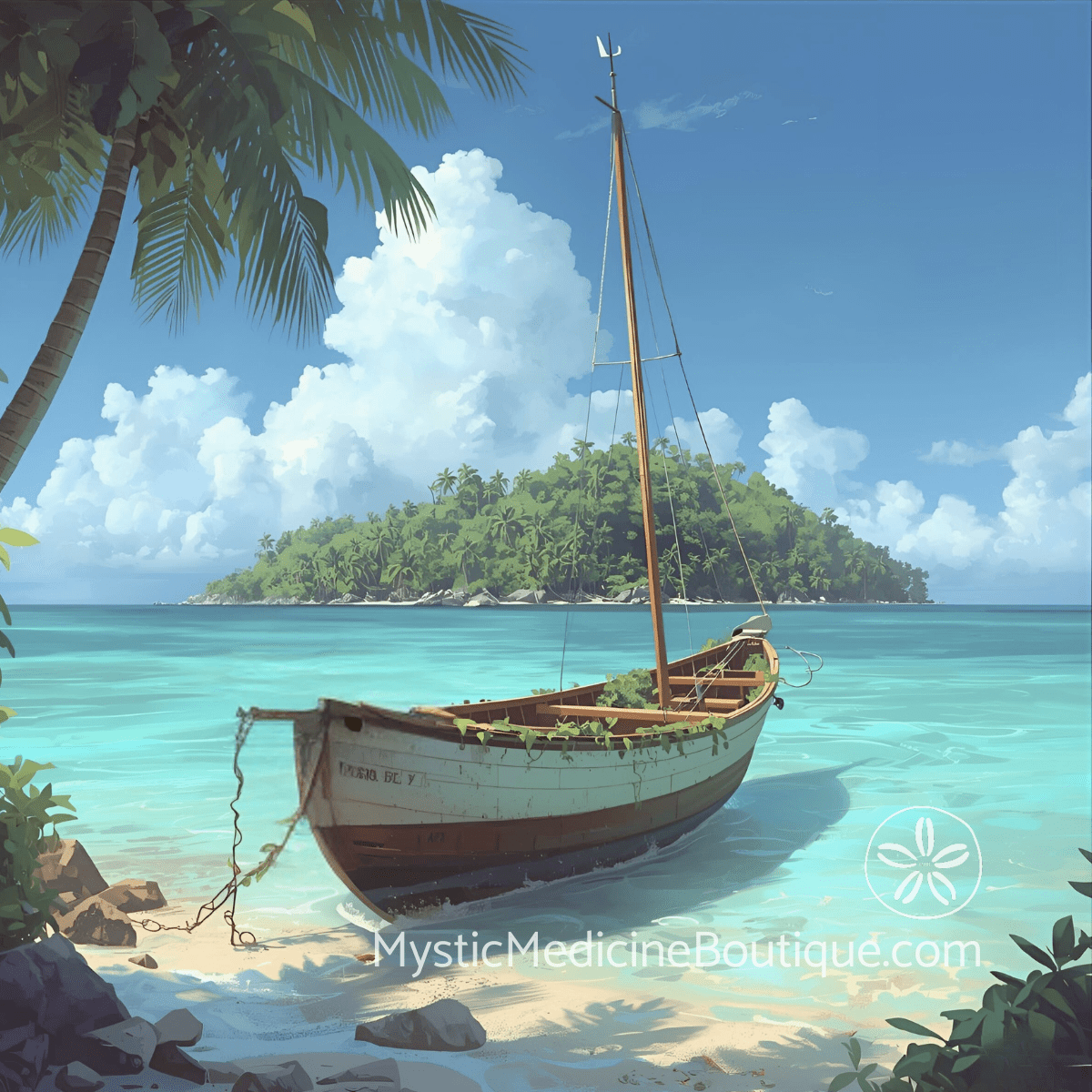 Wooden sailboat anchored near tropical island representing retirement spiritual emergency identity collapse and the search for new meaning and purpose