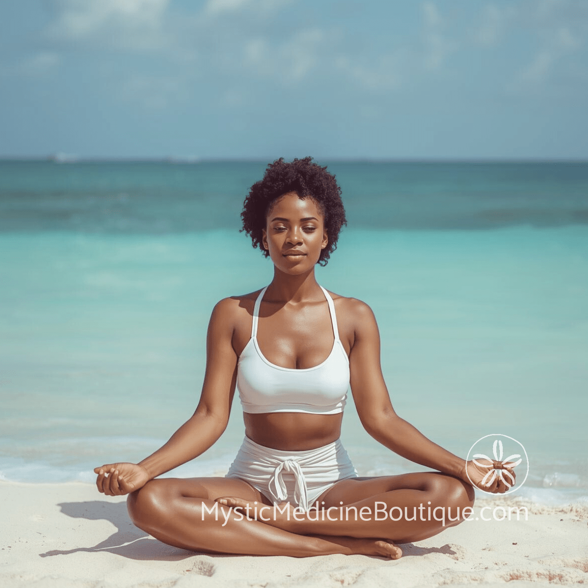 Woman meditating cross-legged on tropical beach representing root chakra grounding practice and energetic stability through the first chakra