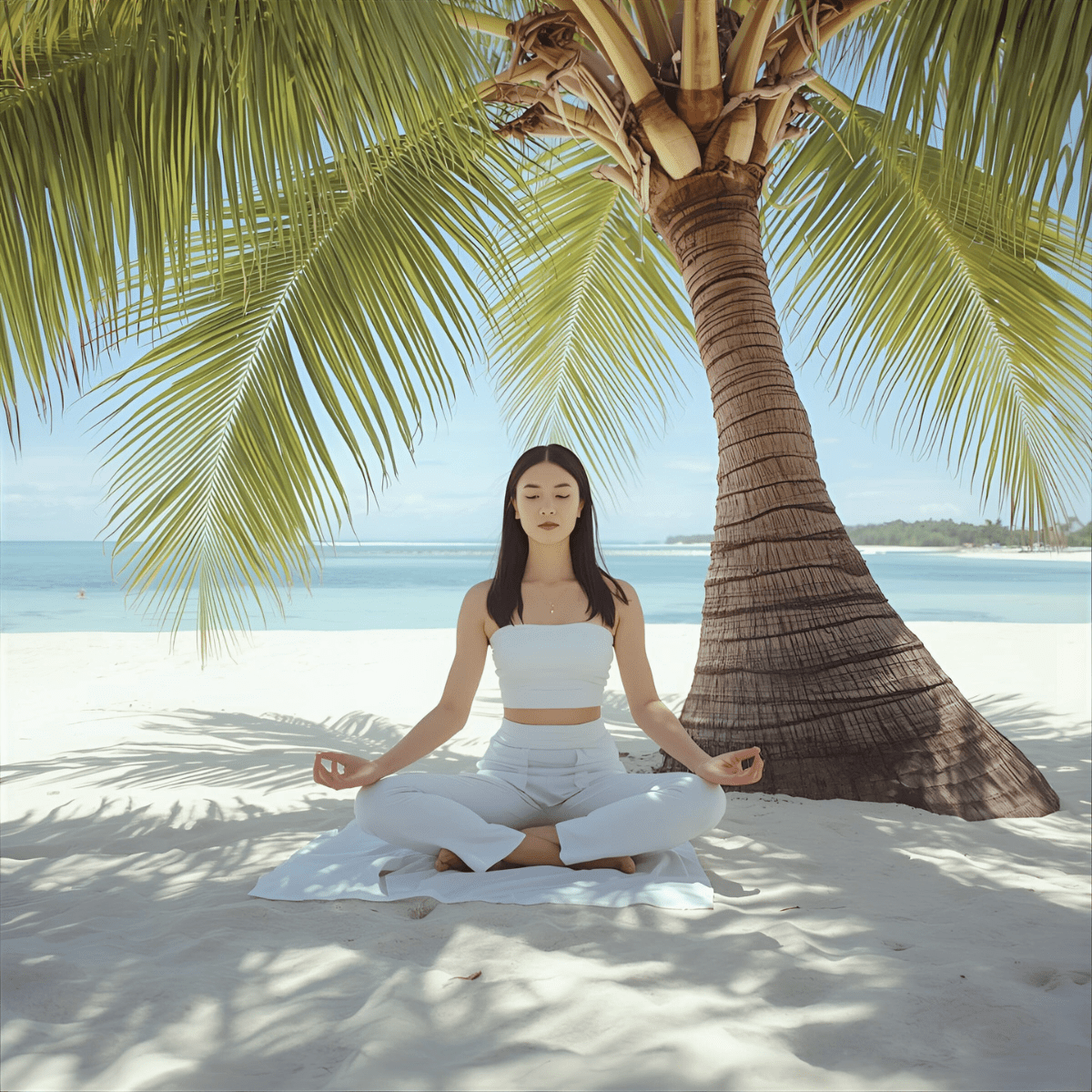 Woman meditating under palm tree representing shadow work during spiritual emergency and inner integration