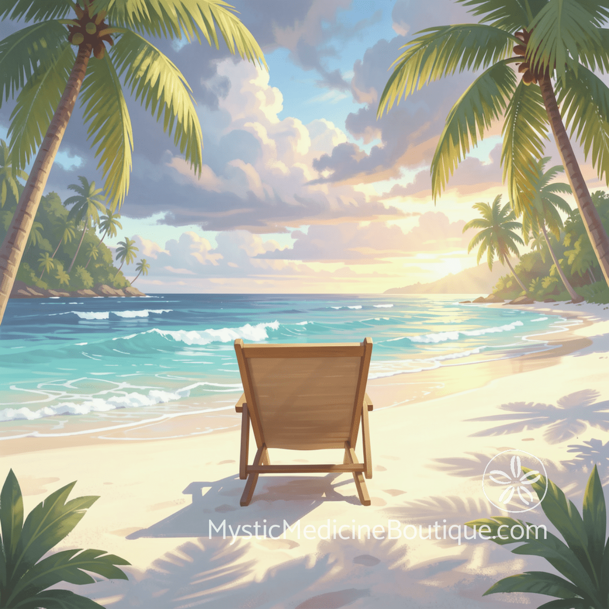 Empty beach chair on tropical shore at golden hour representing social rejection spiritual emergency and the isolation of community abandonment