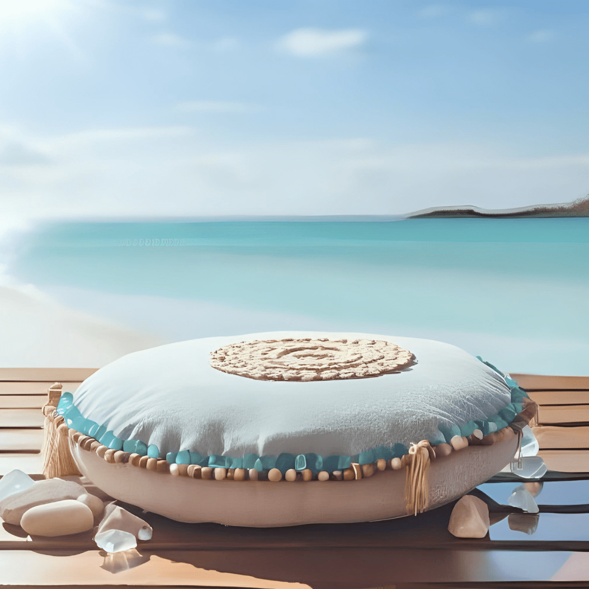 Meditation cushion on tropical deck representing spiritual burnout warning signs and recovery support from an RN Reiki Master