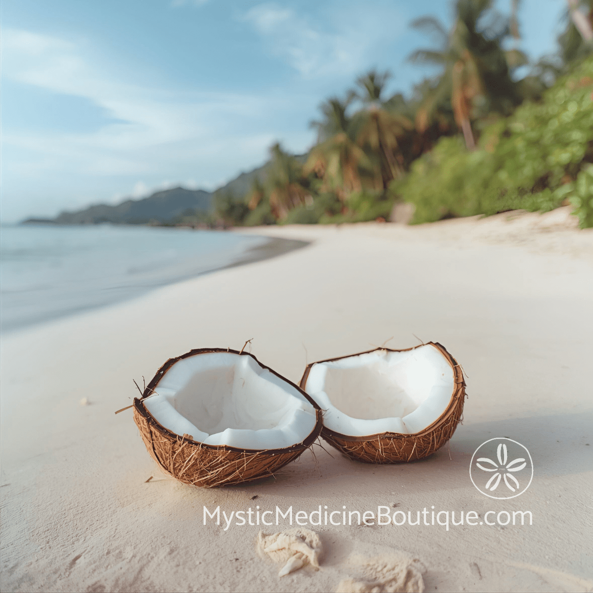 Coconut halves on tropical beach representing spiritual emergency after bankruptcy and the path through financial crisis and identity collapse