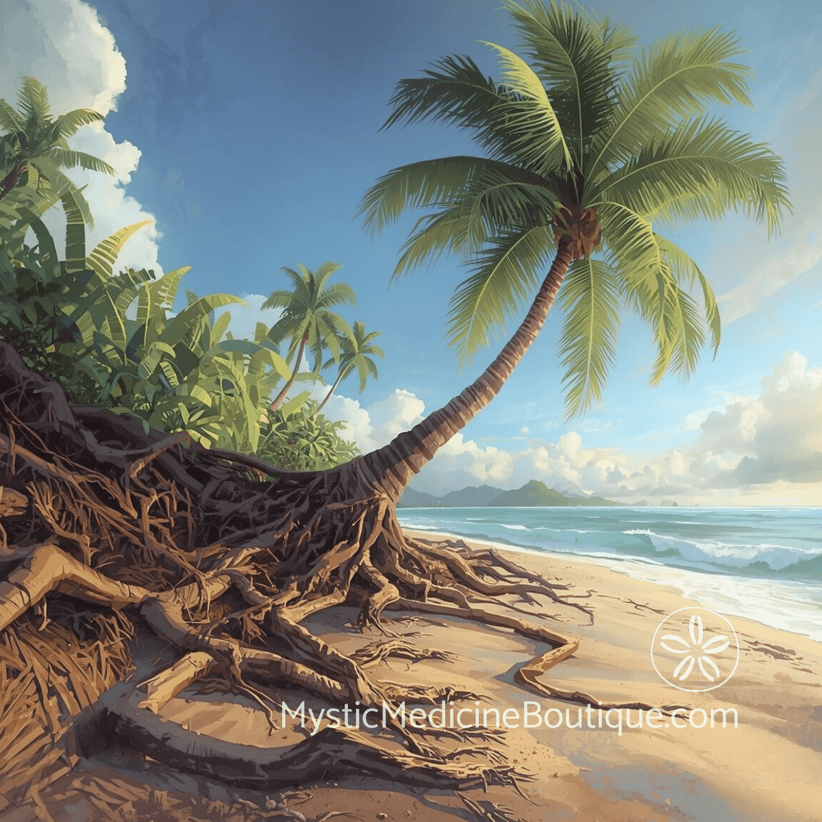 Wind-bent palm with exposed roots on tropical beach representing uprooted identity and spiritual crisis after theft