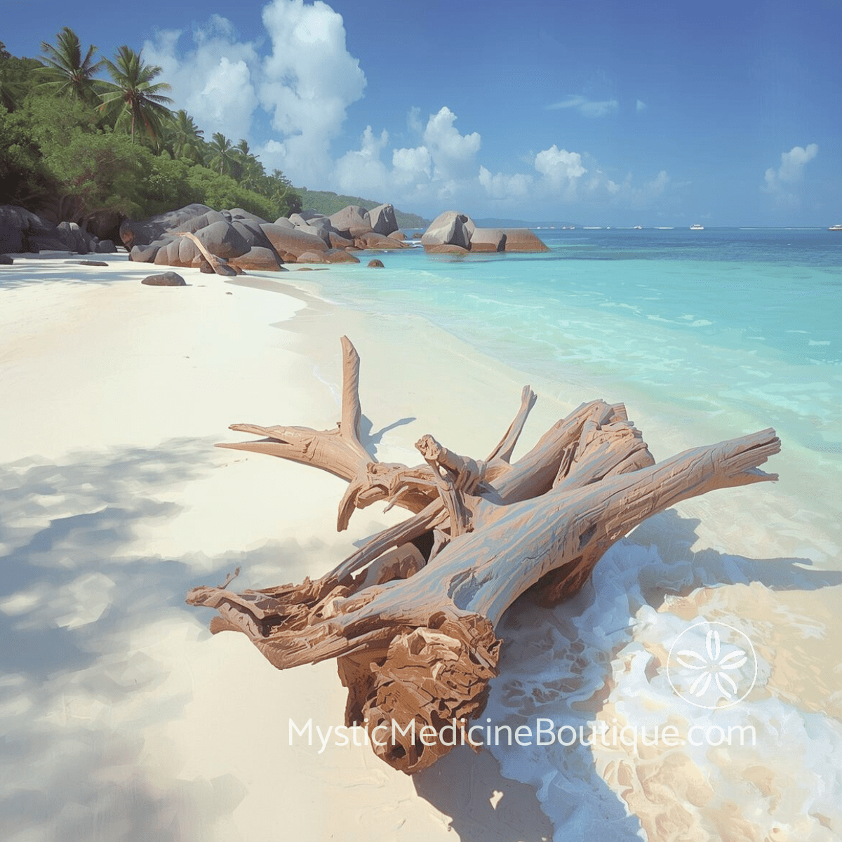 Tropical beach with driftwood representing long-term unemployment spiritual emergency and the identity collapse that extended job loss creates