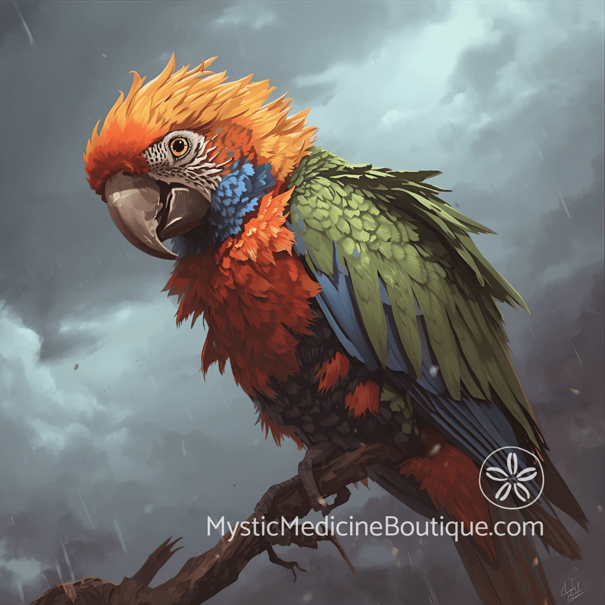 Colorful macaw parrot on branch in stormy sky representing spiritual resilience and survival through child loss grief