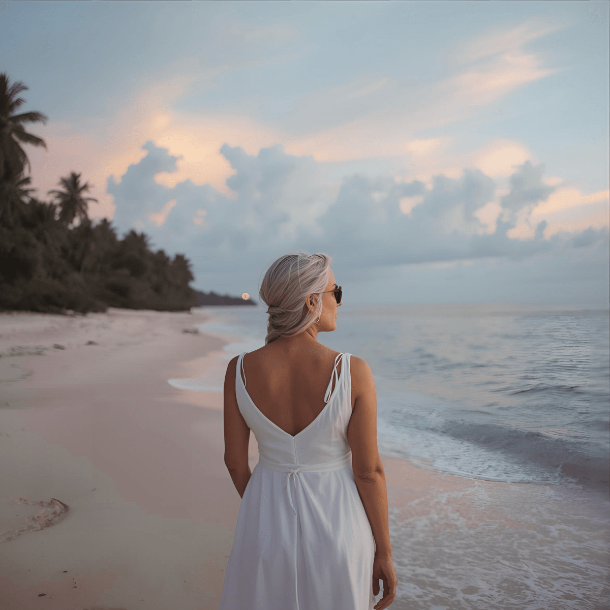Woman in white dress facing the ocean representing spiritual emergency after losing a spouse and the identity collapse of widowhood beyond ordinary grief