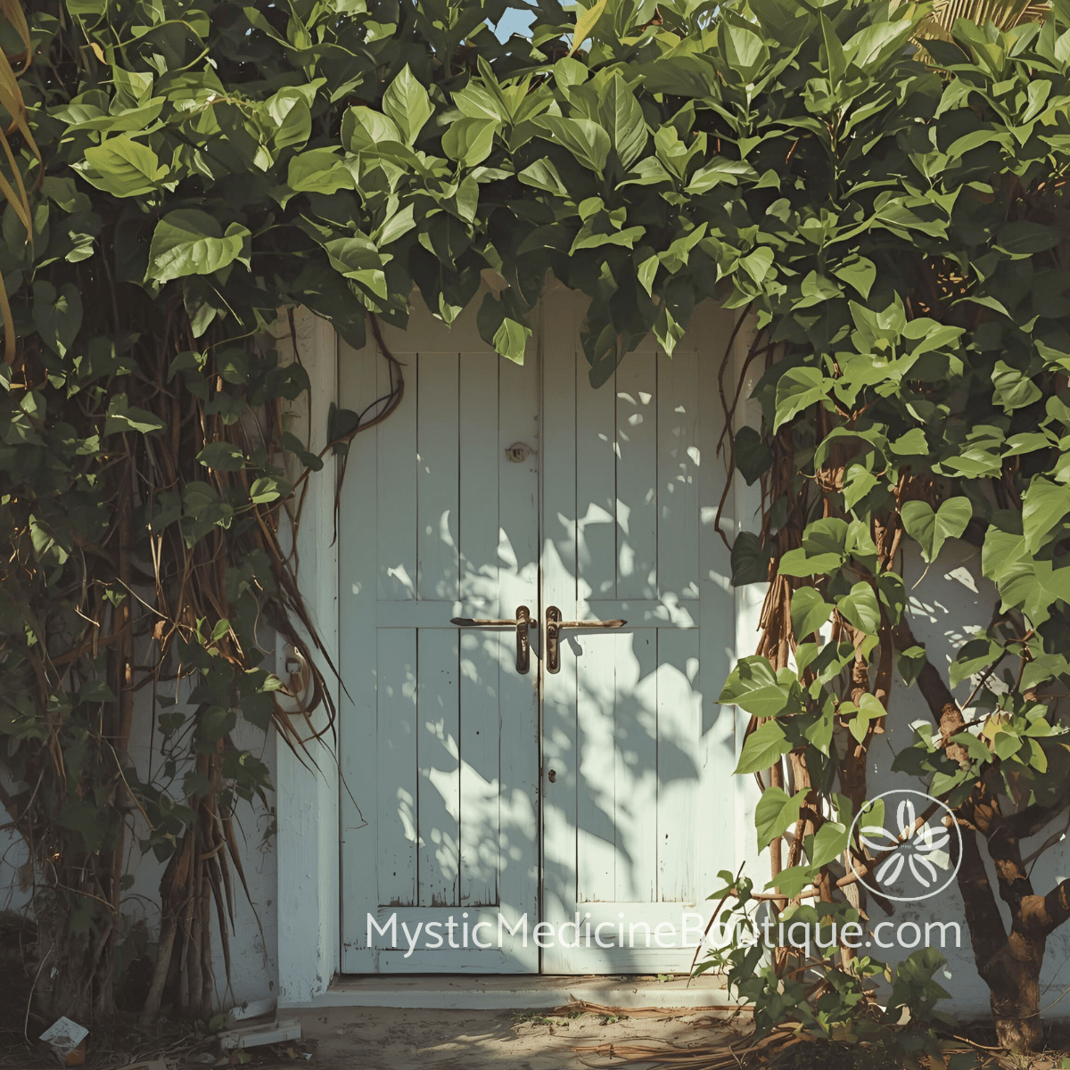 Weathered teal door covered in ivy representing the threshold of a new home and the spiritual emergency that crossing it can trigger