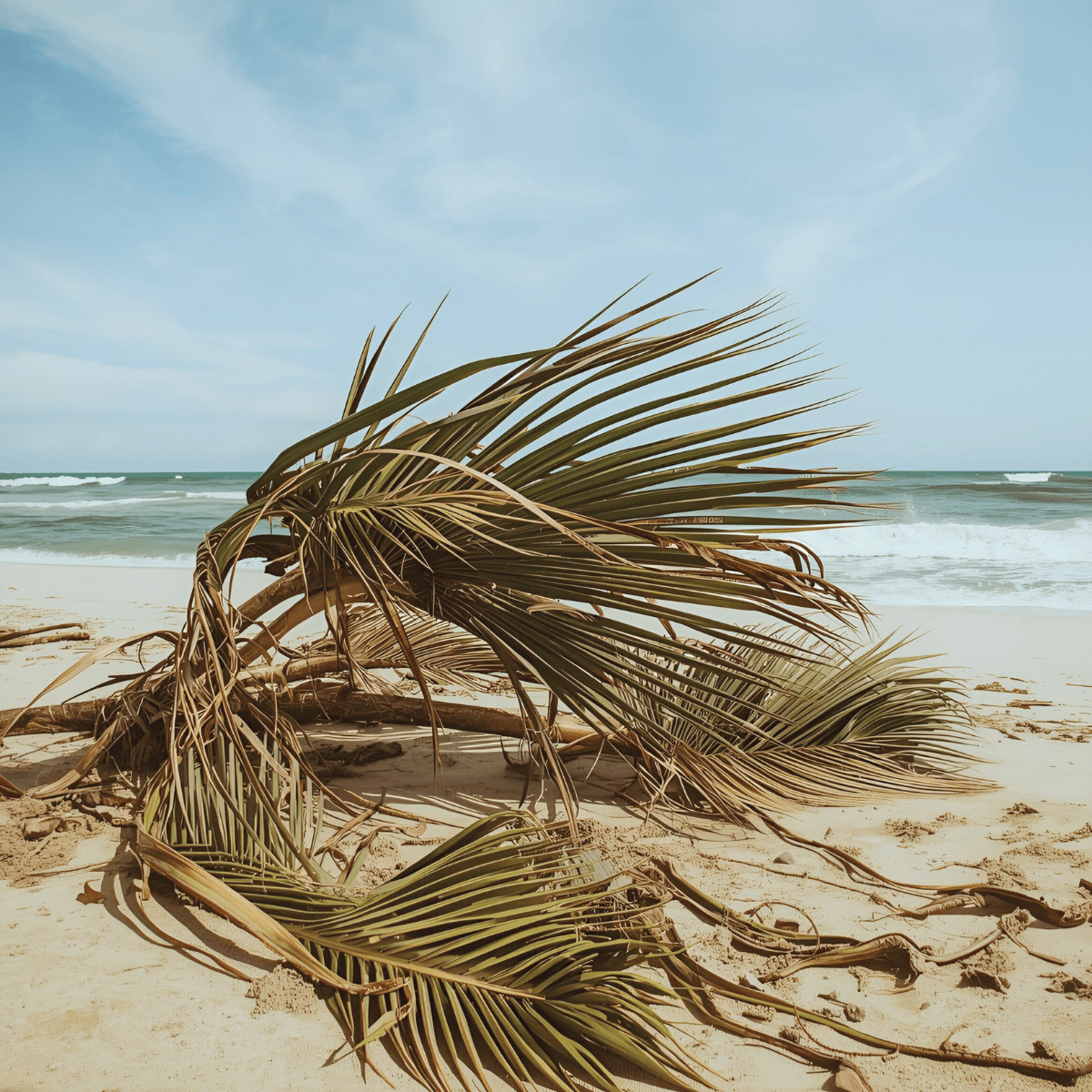 Fallen palm frond on beach representing traumatic accident spiritual emergency