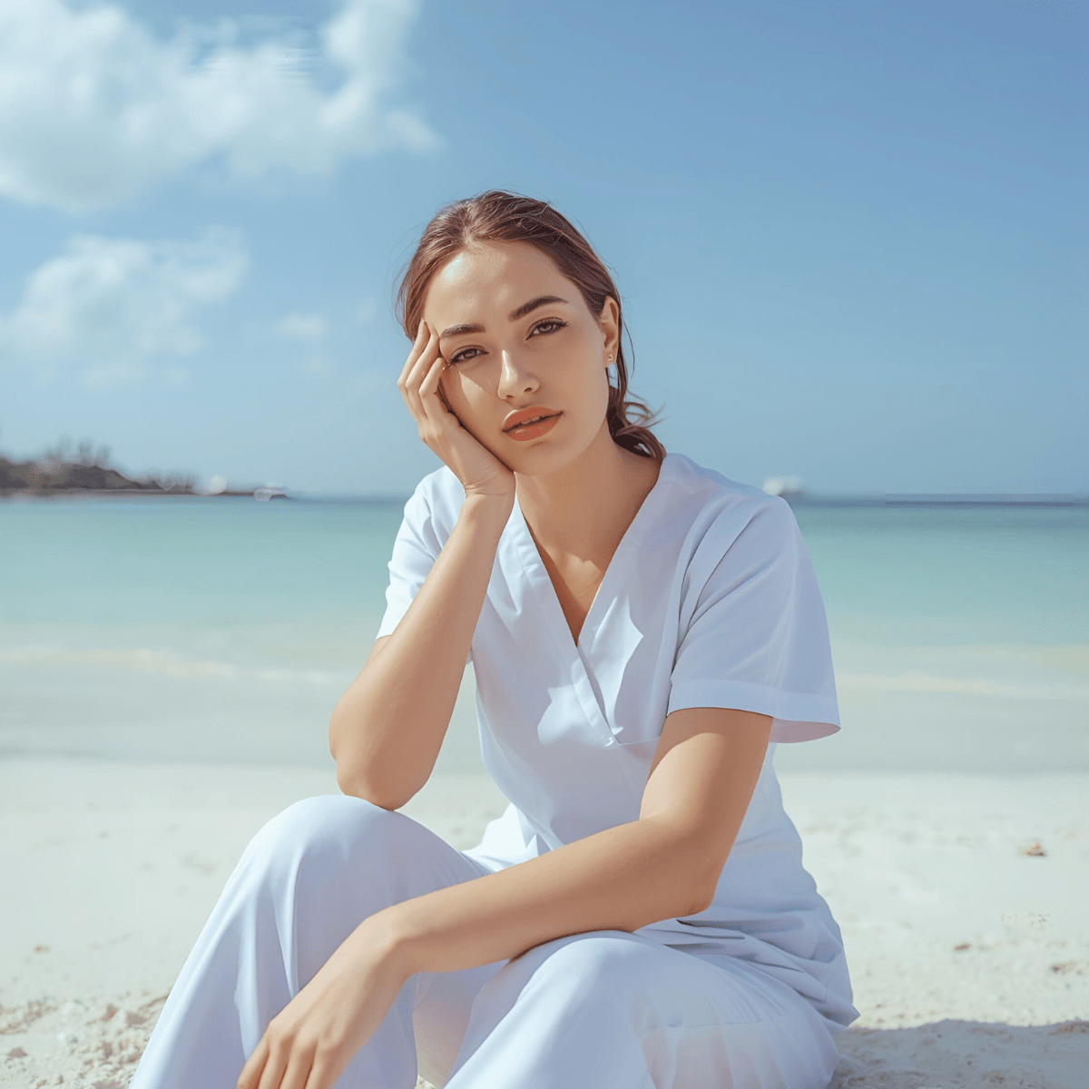 Woman in white linen sitting on tropical beach representing the exhaustion and spiritual crisis that healthcare workers experience during nursing spiritual emergency