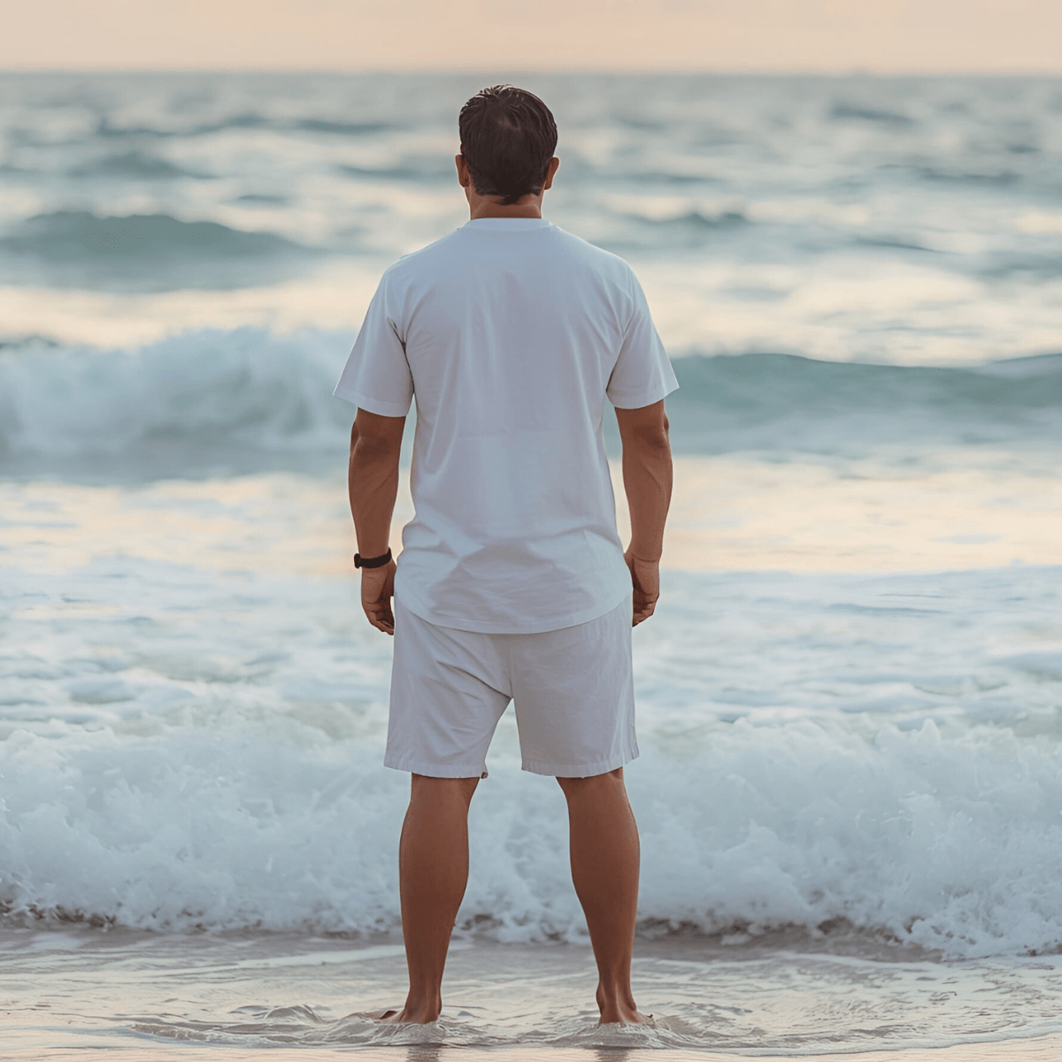Man standing alone at ocean shoreline representing spiritual emergency in men and the complete meaning system collapse that triggers existential crisis