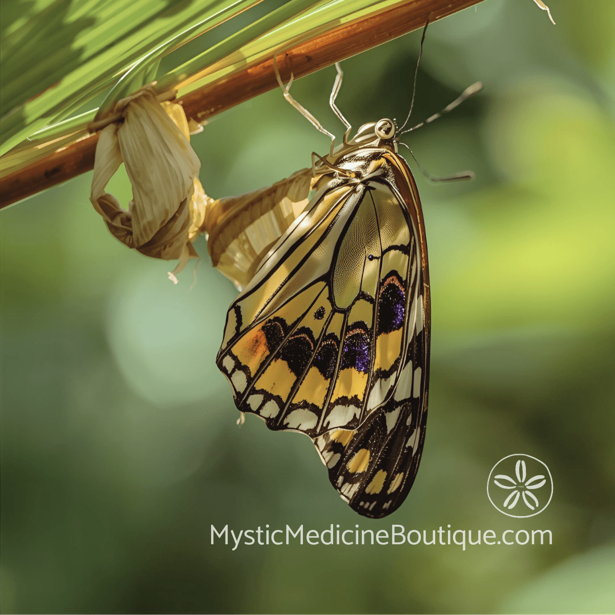 Butterfly emerging from chrysalis on a branch representing the painful identity transformation of entrepreneurship spiritual emergency