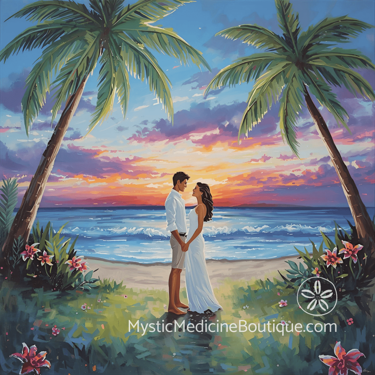 Illustrated couple on tropical beach at sunset representing wedding spiritual emergency and identity dissolution