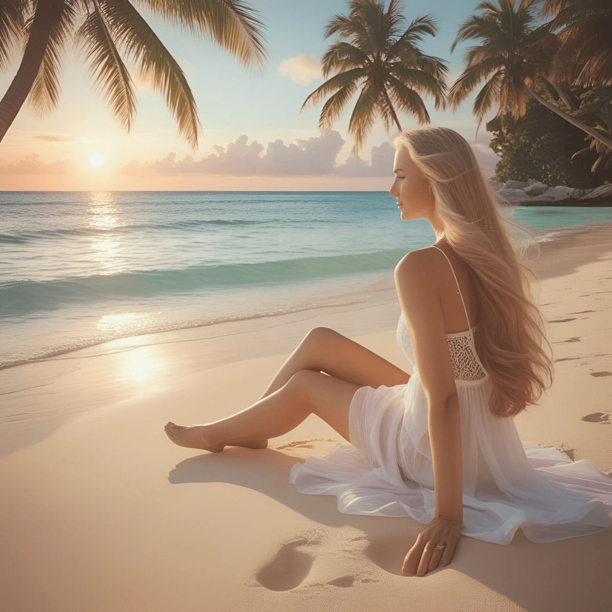 Woman in white sitting alone on tropical beach at sunset representing the spiritual loneliness and isolation of walking a path others do not understand