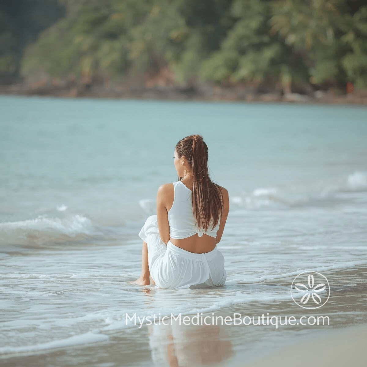 Woman in white sitting at the shoreline of a turquoise tropical bay — betrayal recovery feels too intense, grounding steps for nervous system support.