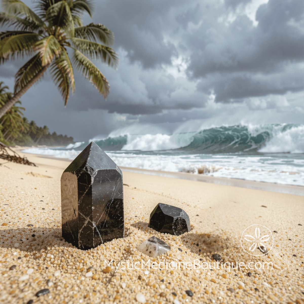 Crystal first aid shadow work crisis — black tourmaline and hematite stones on tropical beach representing emergency energetic grounding when repressed material erupts during spiritual emergency