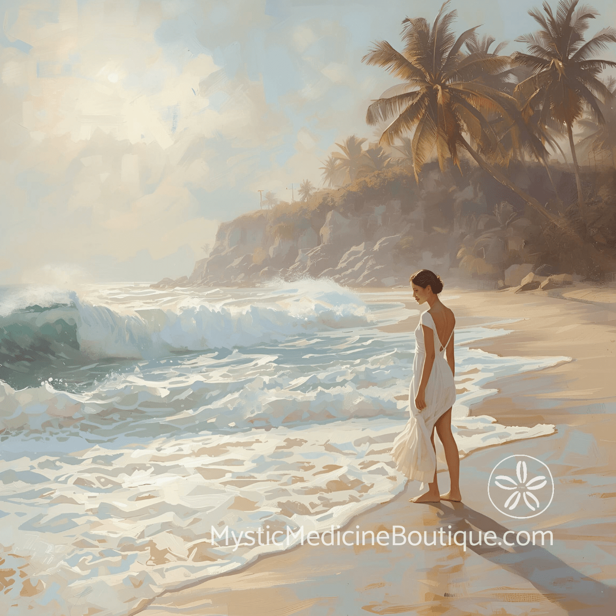Infidelity spiritual crisis — woman in white dress standing alone on tropical beach at wave's edge representing acute existential emergency after betrayal discovery