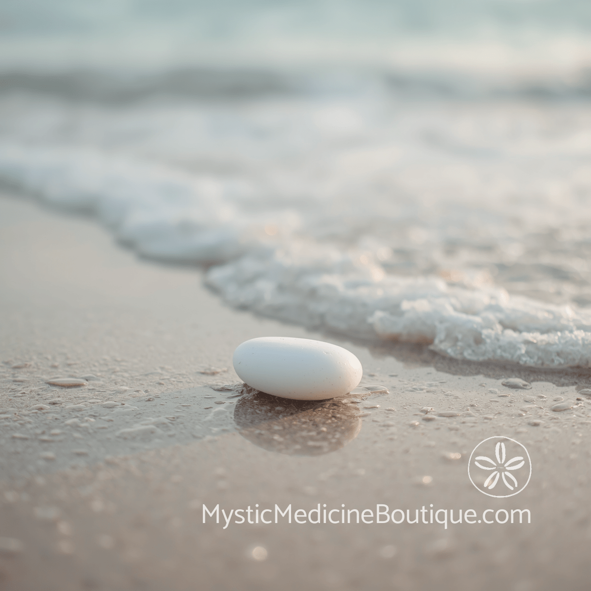 White stone on wet sand with a gentle wave in warm coastal light — when empath sensitivity makes you feel like too much, RN Reiki Master explains