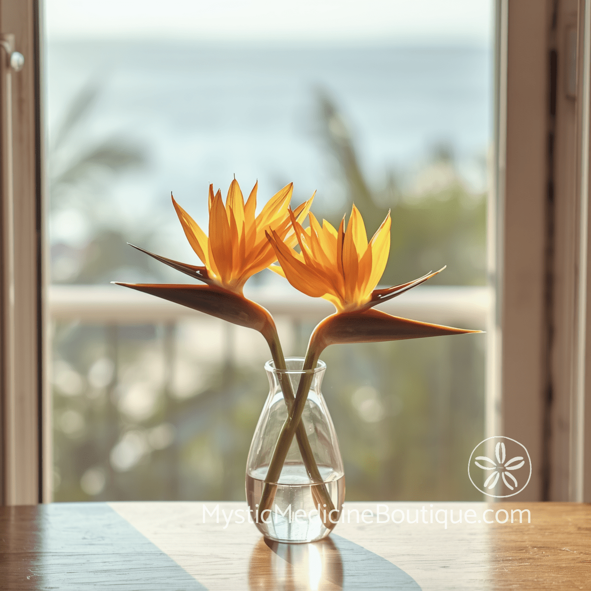 Two birds of paradise in a glass vase near a coastal window — when empath sensitivity isolates you from people you love, RN Reiki Master explains