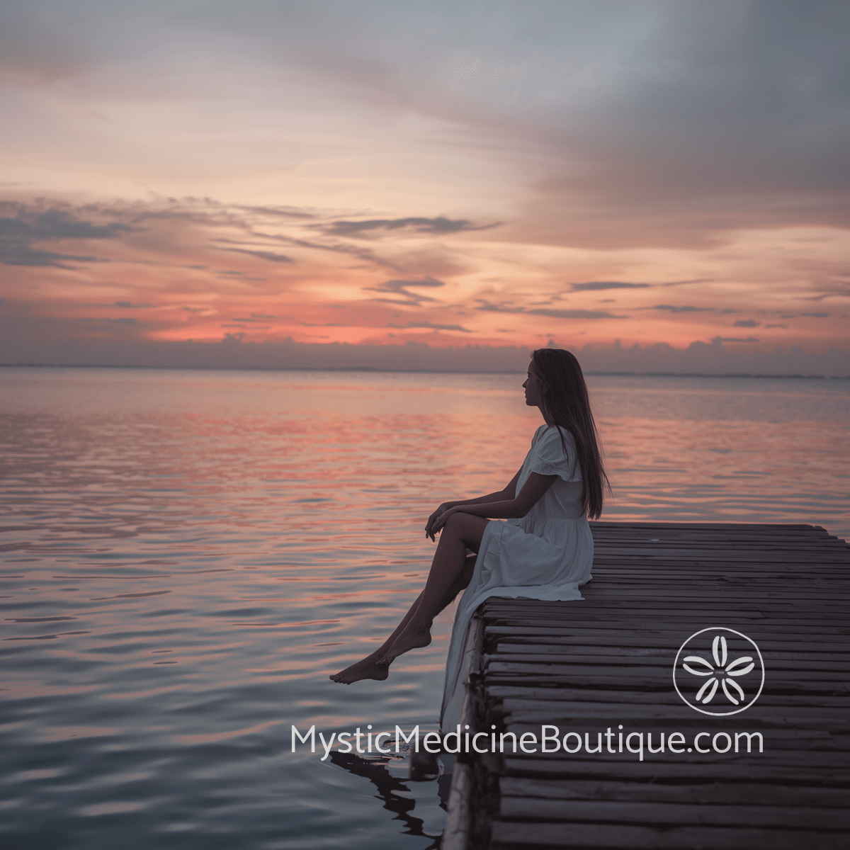 Woman in white dress sitting alone on a wooden dock at sunset over still tropical water, representing the emotional exhaustion that empath sensitivity can produce over time