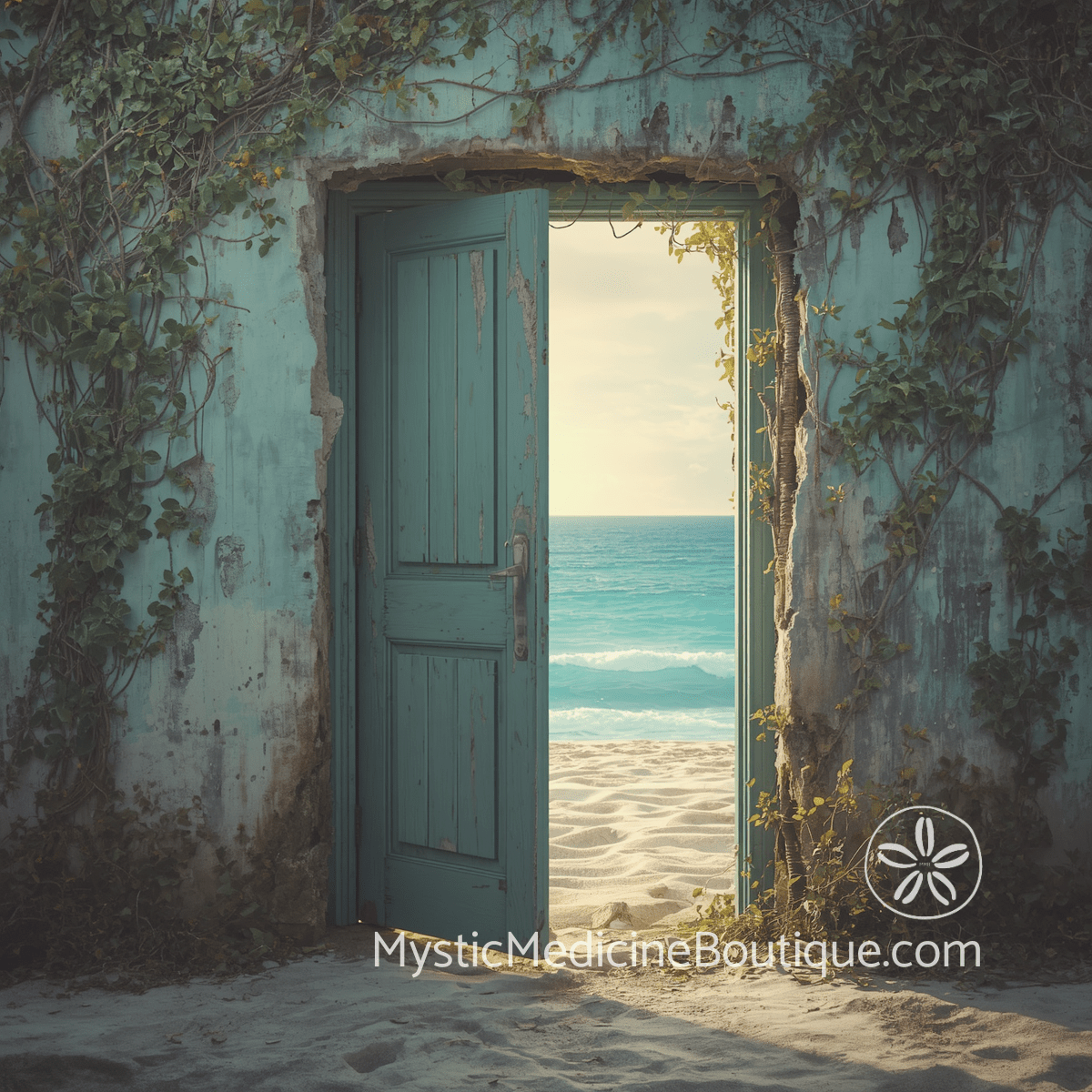 Weathered teal door open to tropical ocean representing the spiritual questioning and belief crisis that financial hardship produces