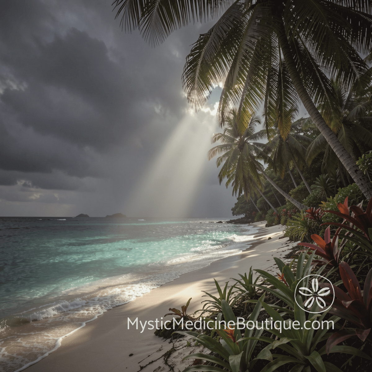 Dark stormy tropical beach with light breaking through storm clouds representing dark night of the soul triggered by friend group ostracism