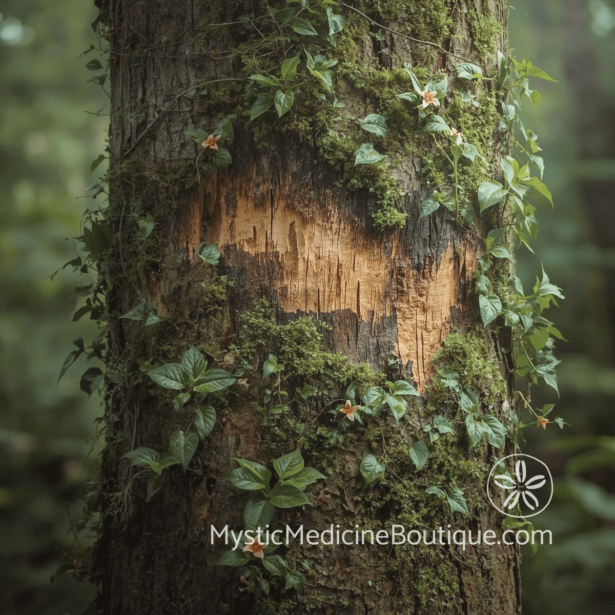 Healing wound on tropical tree bark overgrown with green vines and small flowers, symbolizing old shadow wounds reopening during grief