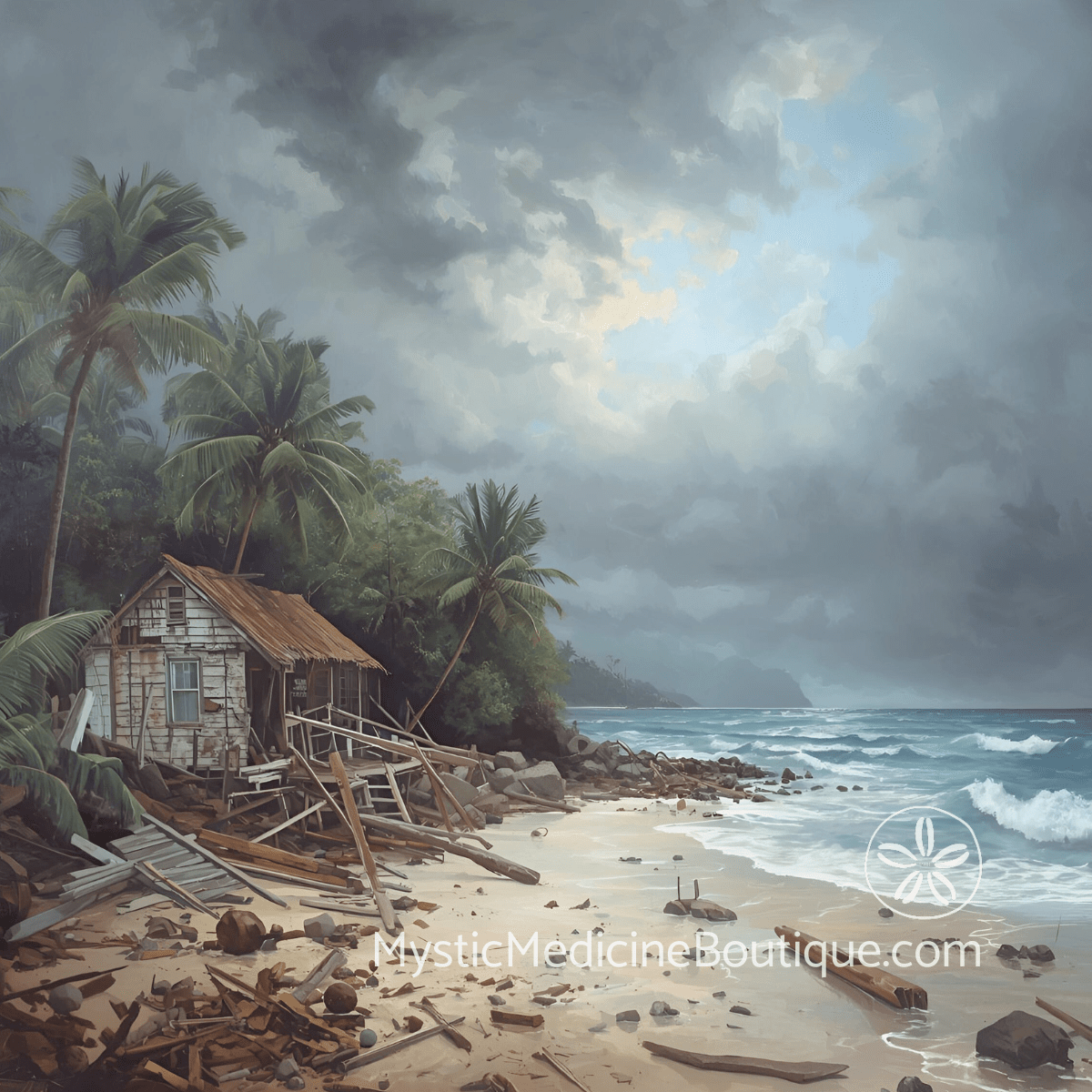Destroyed beach house in storm surge representing the loss of sanctuary and belonging when natural disaster takes the place that should be safest