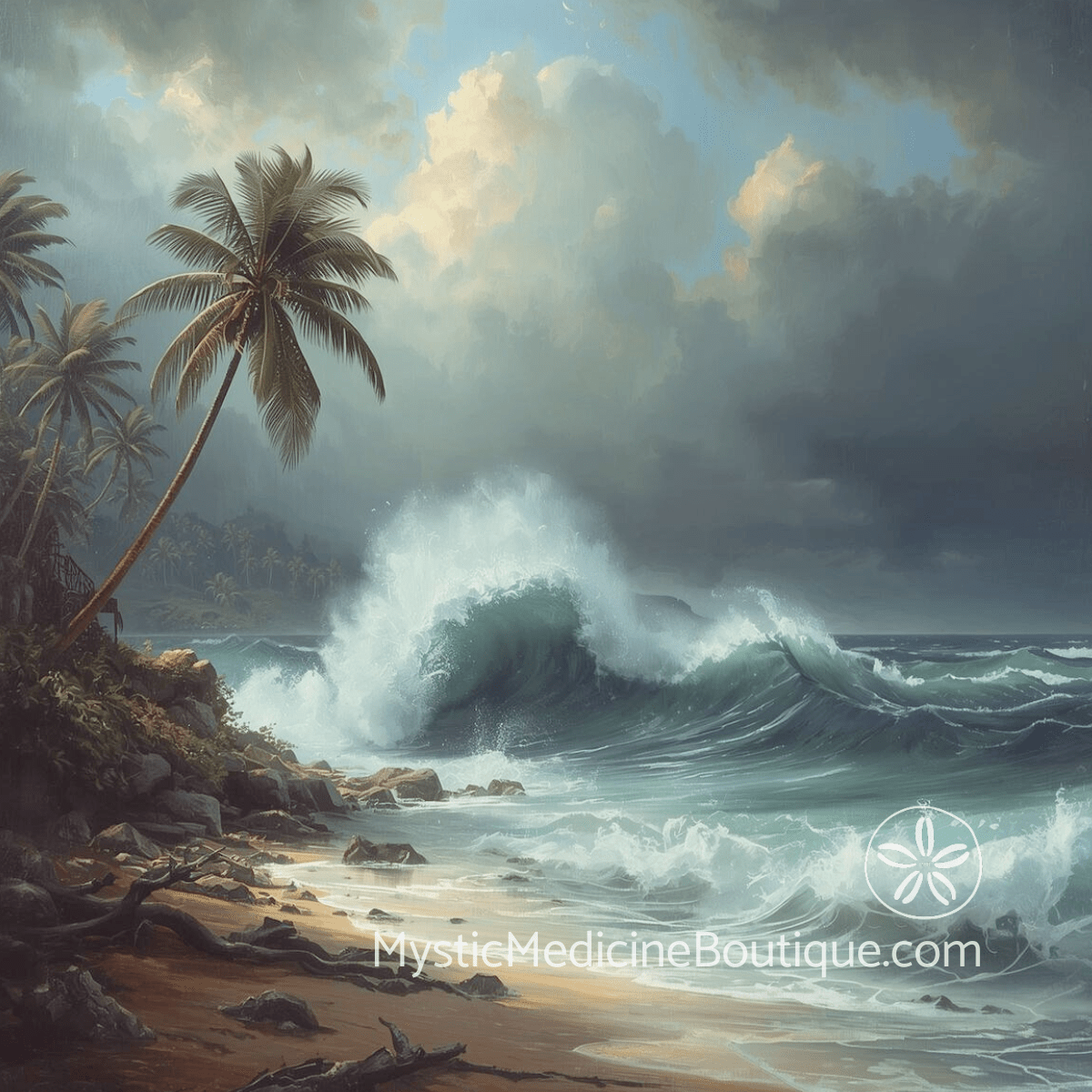 Storm waves crashing on tropical beach with leaning palms representing the foundation collapse of identity theft spiritual emergency