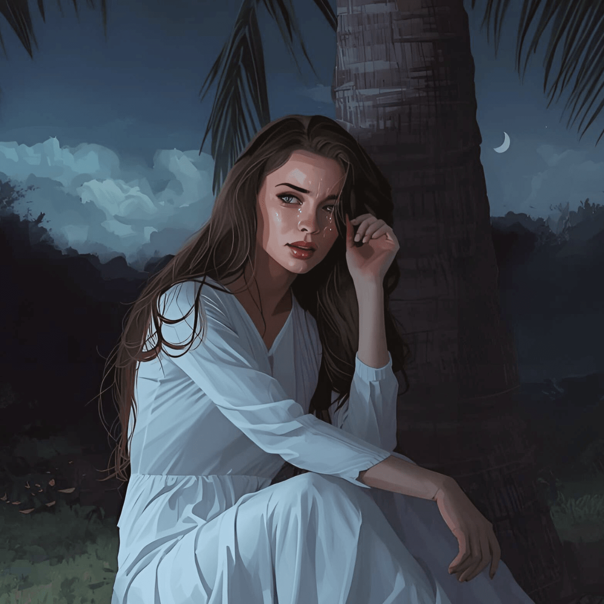 When infertility triggers dark night of the soul — woman in white dress seated under palm trees at night with crescent moon representing the profound spiritual emergency and existential collapse of infertility combined with pregnancy loss