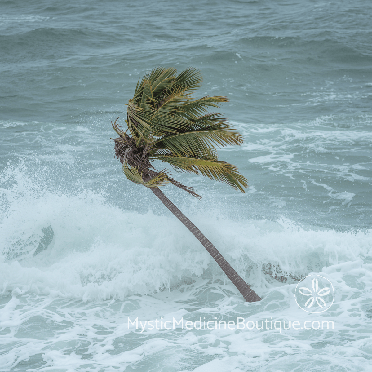 Single palm tree bending in strong wind surrounded by crashing ocean waves — when kundalini awakening becomes overwhelming