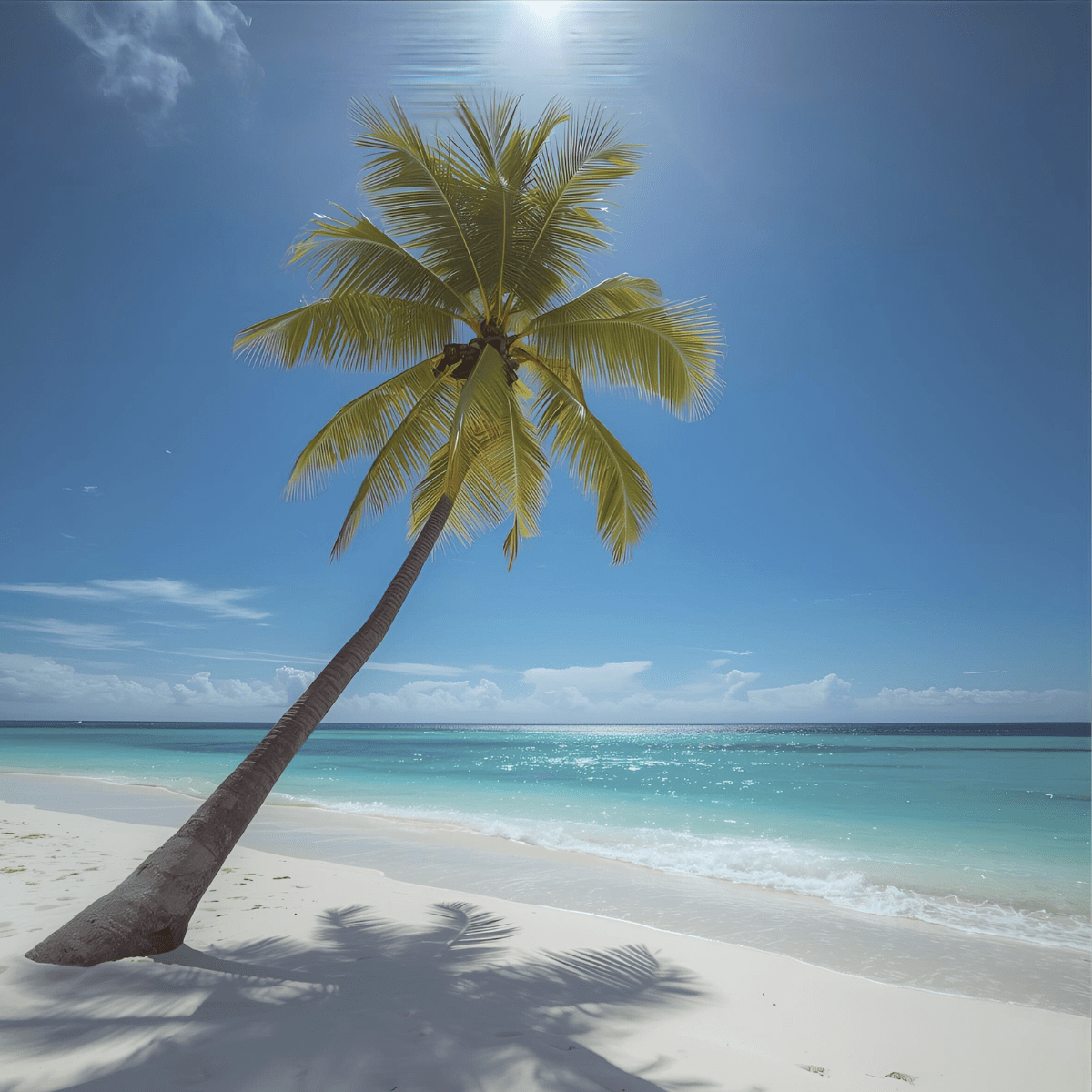 Lone leaning palm on bright tropical beach representing solitude and identity collapse when the last child leaves home