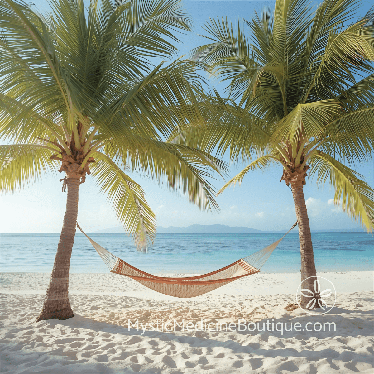 Peaceful hammock between palm trees on tropical beach representing the sanctuary and relief needed during pet loss spiritual emergency void