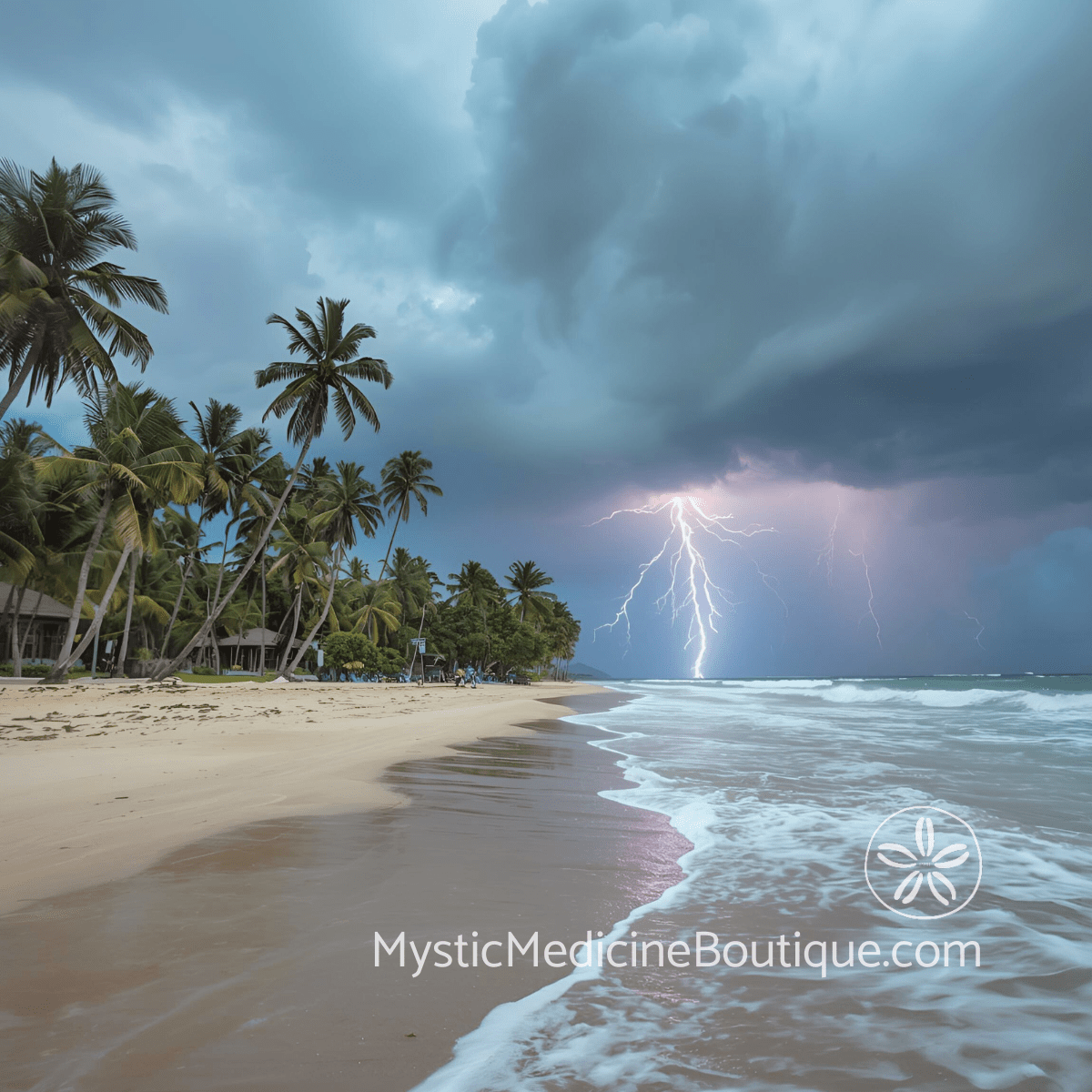 Tropical beach with lightning strike and storm surge representing the sudden overwhelming shock of soulmate meeting that triggers spiritual crisis