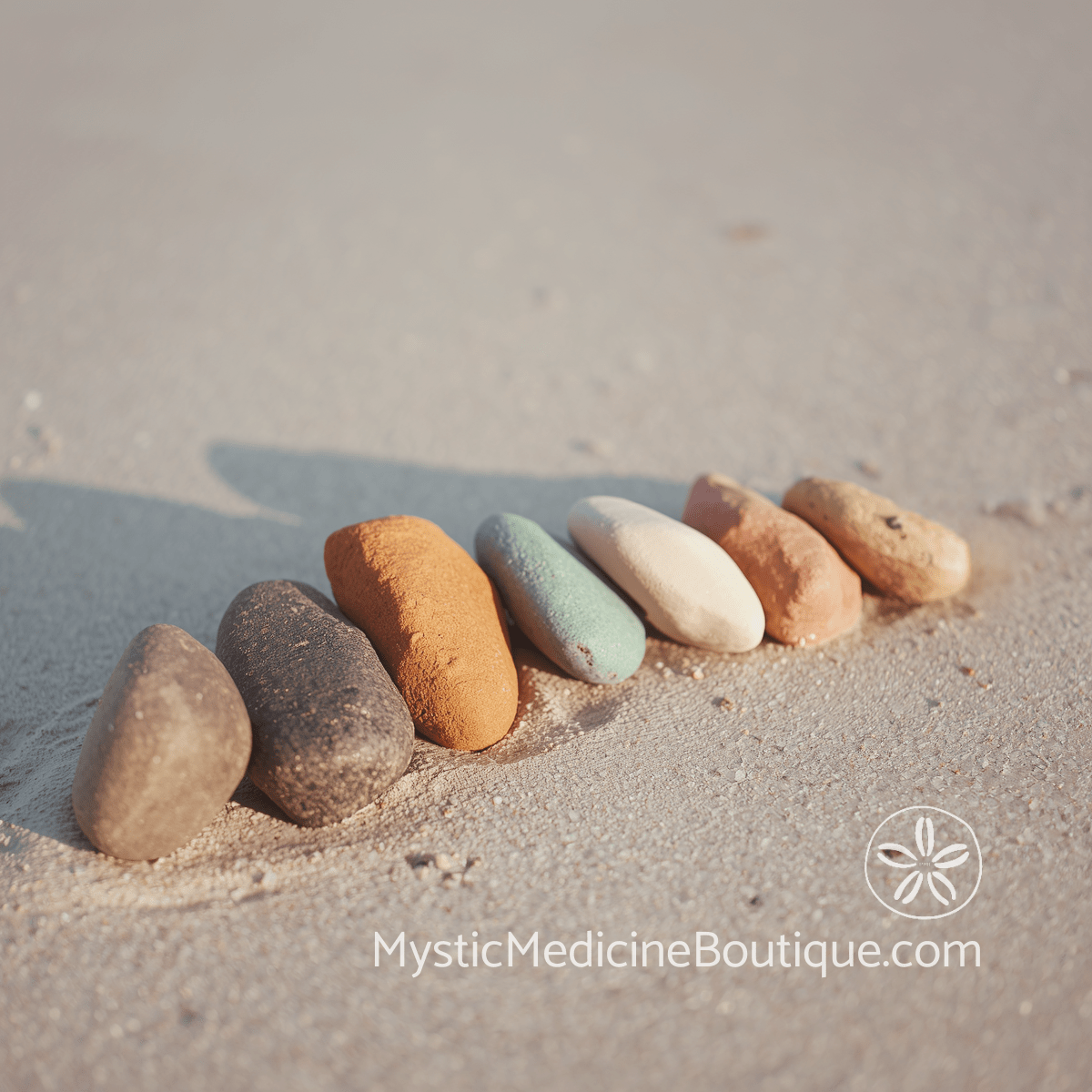 Seven smooth stones in natural colors arranged in a line on pale sand in warm light — multiple chakra imbalance during spiritual emergency when every energy center is disrupted at once, explained by an RN Reiki Master