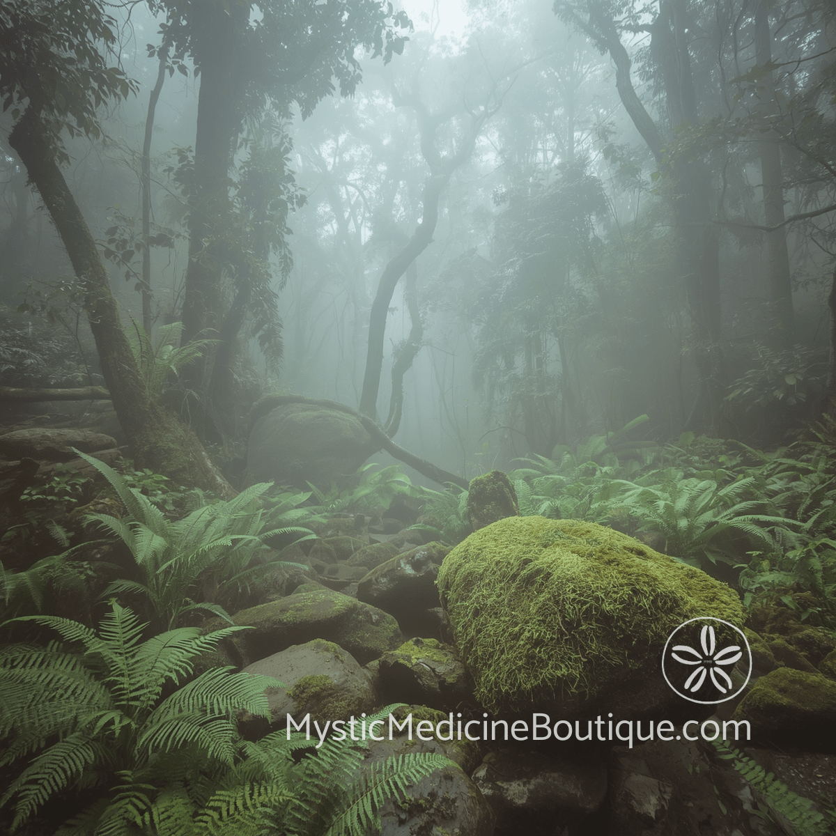 Misty ancient rainforest path with moss-covered boulders and ferns in soft diffused light, peaceful sheltered atmosphere, when shadow work feels too intense during illness or grief