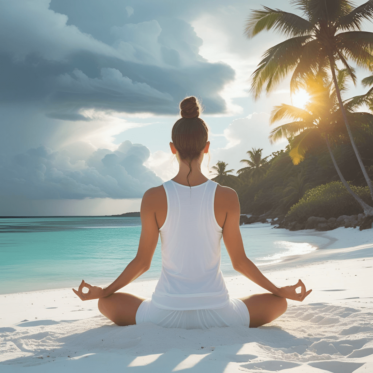 Woman in white meditating on tropical beach with dramatic stormy sky representing the overwhelming intensity of spiritual awakening breakdown