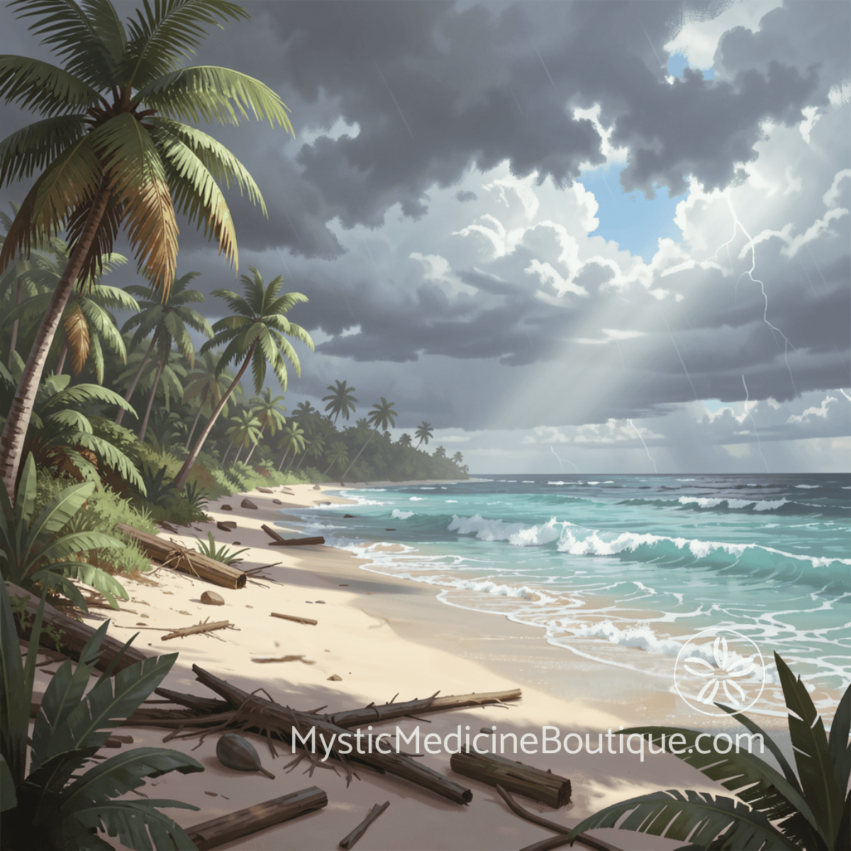 Stormy tropical beach at low tide representing rock bottom spiritual burnout and Archangel Raphael first aid for total depletion